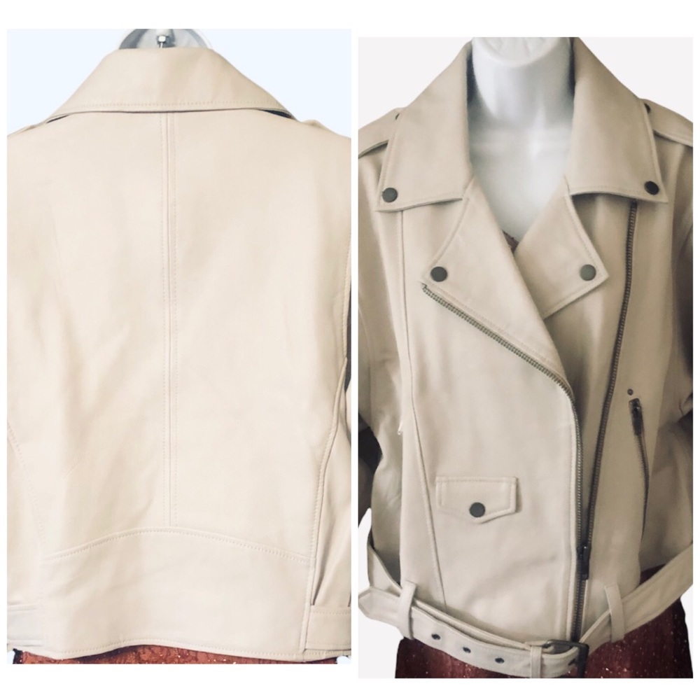 New We The Free Free People Slow Moves Lg 12/14 Beige Leather Belted Moto Jacket - Picture 9 of 9